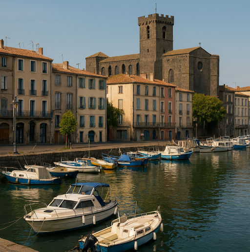 Port d'Agde avec bâtiments en pierre basaltique et cathédrale